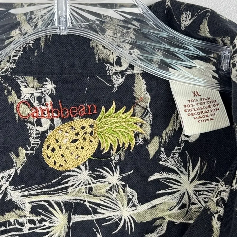 Caribbean Silk Blend Men's XL Black White Hawaiian Palm Tree Camp Shirt